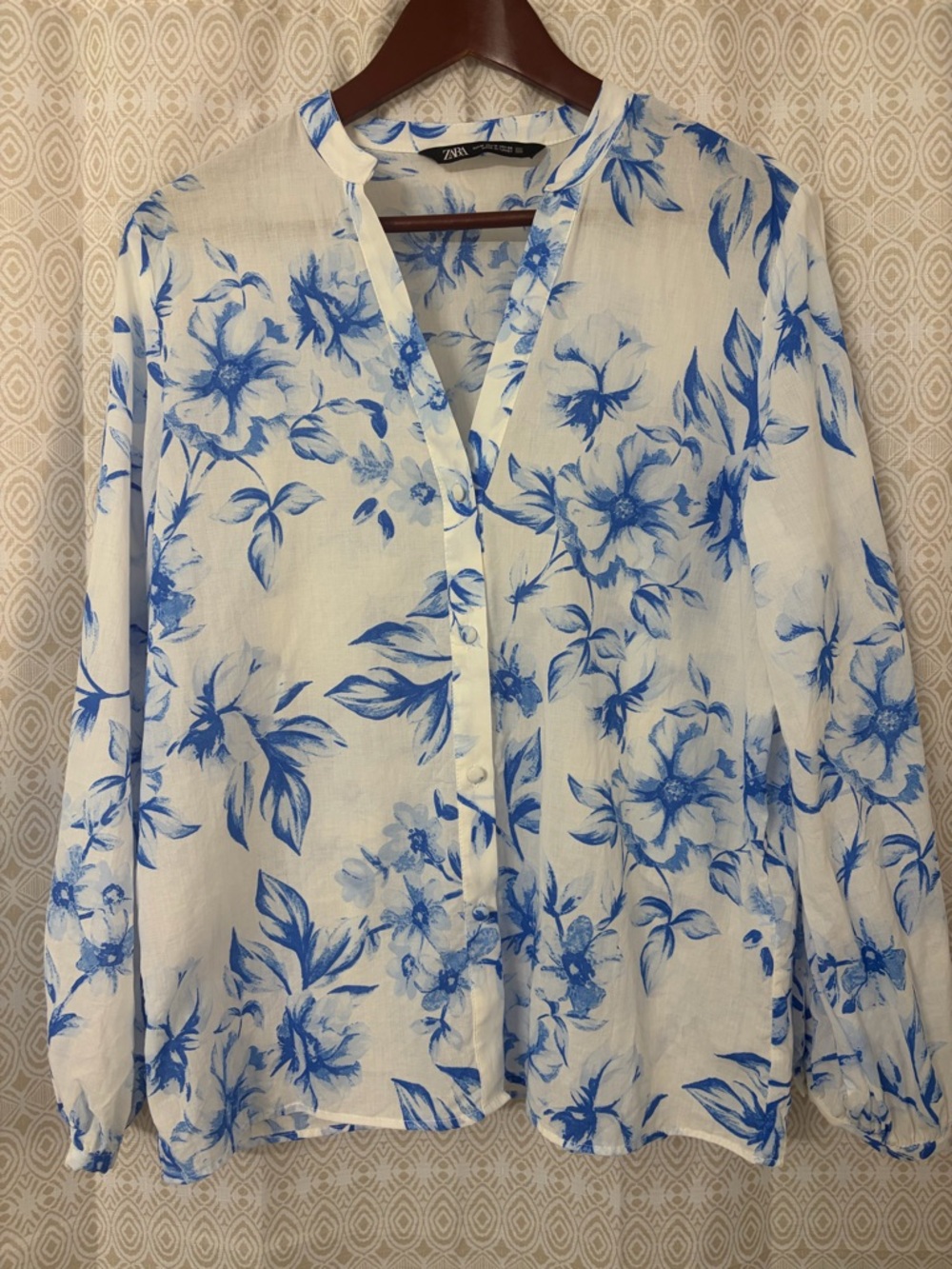 Zara Blue Floral Print White Button-Up Blouse